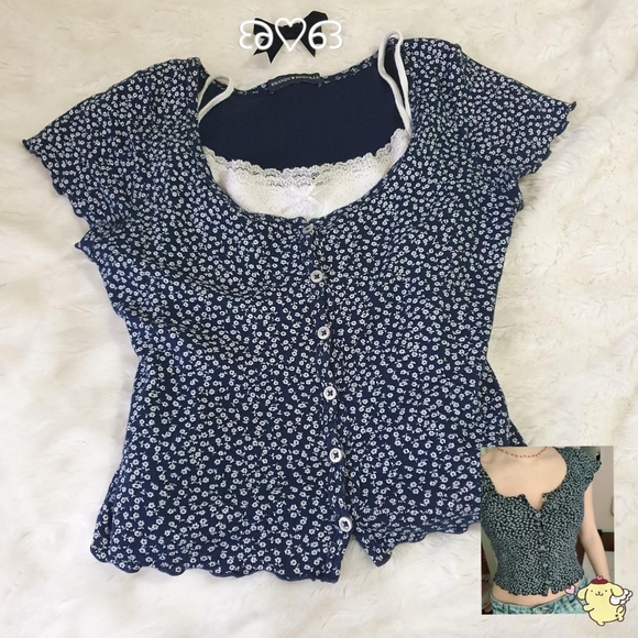 Brandy Melville Tops - SOLD Rare brandy melville Zelly navy blue floral ruffle top coquette cute